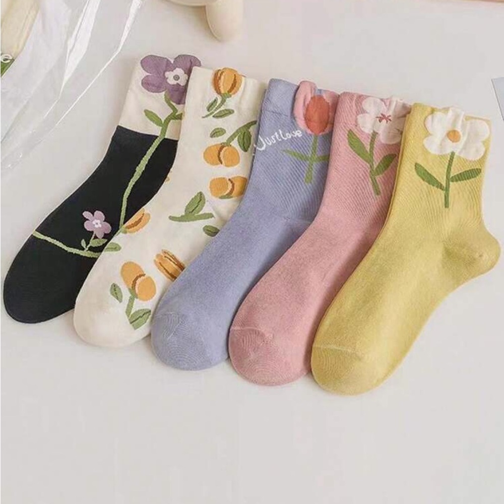 Floral socks set 5 pairs blue green pink white black cute NWT